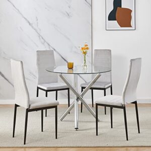 Ansley&HosHo Modern Dining Table and Chair Set, 35.4" Round Glass Dining Table with 4 Grey Velvet Dining Chairs, 5-Piece Dining Room Set Kitchen Table Set Dinette Set, Home Kitchen Furniture