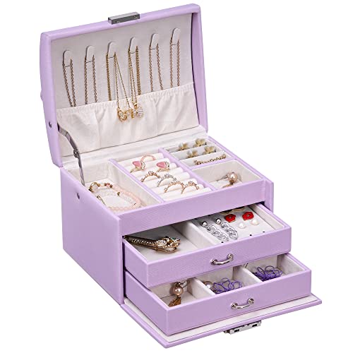 BEWISHOME Jewelry Box for Teen Girls,3 Layers Jewelry Organizer Box with Lock, Jewelry Travel Case for Women Girls, PU Leather Jewelry Boxes for Earrings, Rings, Necklaces Purple, SSH88P