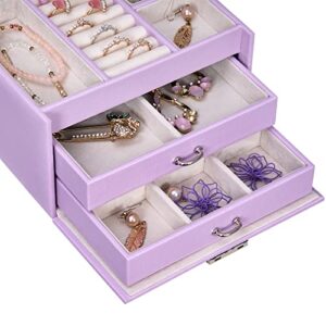 BEWISHOME Jewelry Box for Teen Girls,3 Layers Jewelry Organizer Box with Lock, Jewelry Travel Case for Women Girls, PU Leather Jewelry Boxes for Earrings, Rings, Necklaces Purple, SSH88P