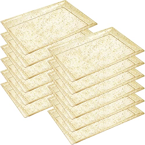 12 Pieces Plastic Gold Glitter Serving Tray 15" x 10" Gold Serving Trays Glitter Rectangle Disposable Serving Platters for Christmas Party Wedding Buffet Dessert Cookie Cupcake Cookie Display