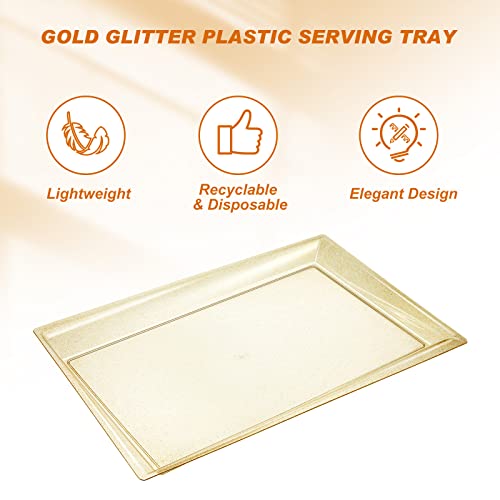 12 Pieces Plastic Gold Glitter Serving Tray 15" x 10" Gold Serving Trays Glitter Rectangle Disposable Serving Platters for Christmas Party Wedding Buffet Dessert Cookie Cupcake Cookie Display