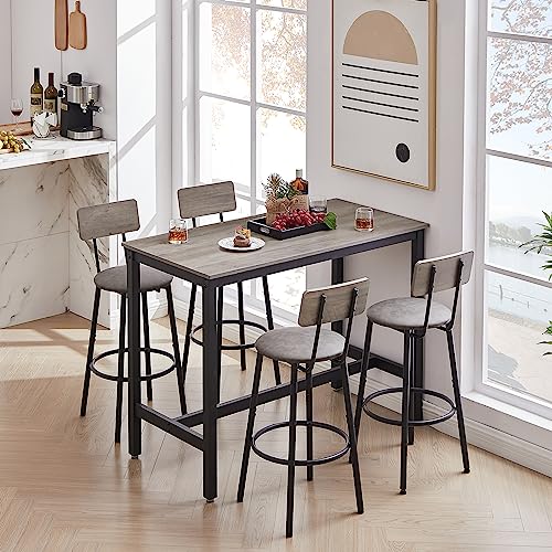 OGAOL Bar Table and Chair Sets for 4, 5 Pieces Industrial Counter Height Pub Table and 4 PU Soft Stools with Back&Adjustable Feet, 47" Dining Table and Chairs for Restaurant,Living Room (Gray, 47")