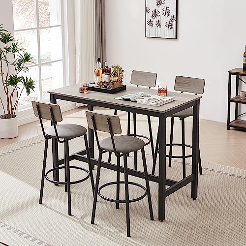 OGAOL Bar Table and Chair Sets for 4, 5 Pieces Industrial Counter Height Pub Table and 4 PU Soft Stools with Back&Adjustable Feet, 47" Dining Table and Chairs for Restaurant,Living Room (Gray, 47")