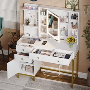 AOGLLATI Makeup Vanity with Lights in 3 Colors, White Vanity Desk with Mirror and Lights, Vanity Table with Charging Station, Makeup Desk with Visible Drawers, Hidden and Open Storage Shelves