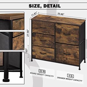 USJRAO Wood Veneer Fabric Dresser with 5 Drawers Wide Chests of Drawers TV Stand Organizers Uint Storage Tower for Closet Bedroom Living Room Hallway Entryway Steel & Rustic Brown