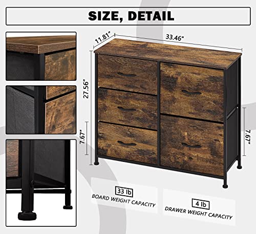 USJRAO Wood Veneer Fabric Dresser with 5 Drawers Wide Chests of Drawers TV Stand Organizers Uint Storage Tower for Closet Bedroom Living Room Hallway Entryway Steel & Rustic Brown