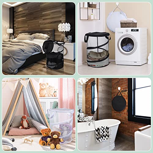 4 Set Pop up Laundry Hamper with Lid Mesh Collapsible Laundry Baskets with Handles Round Foldable Pop up Hamper with Sticky Hooks for Dirty Clothes Storage Room Organizer Travel Room Dorm White, Black