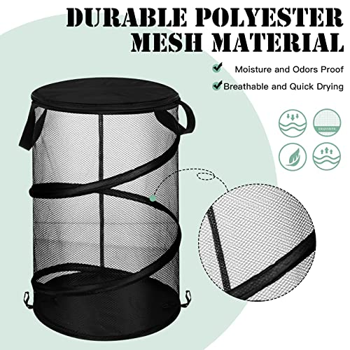 4 Set Pop up Laundry Hamper with Lid Mesh Collapsible Laundry Baskets with Handles Round Foldable Pop up Hamper with Sticky Hooks for Dirty Clothes Storage Room Organizer Travel Room Dorm White, Black