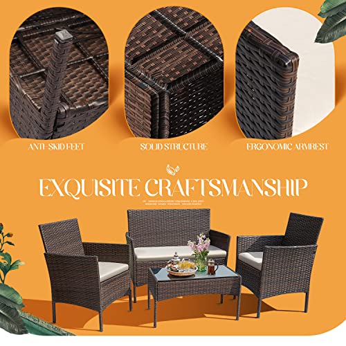 Greesum Patio Furniture 4 Pieces Conversation Sets Outdoor Wicker Rattan Chairs Garden Backyard Balcony Porch Poolside loveseat with Cushion and Glass Table, Brown and Light Beige