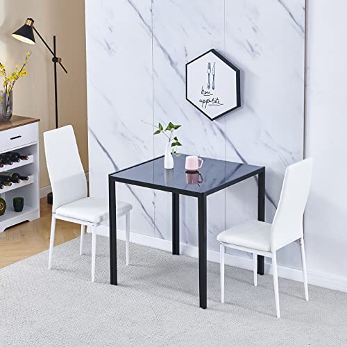 BELIFEGLORY 3 Piece Black Glass Dining Table and Faux Leather Dining Chairs Set of 2, Modern Small Kitchen Square Table and 2 Dining Chairs Space-Saving