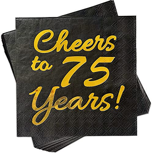 75th Birthday Decorations for Men Women Party Supplies Cocktail Napkins Black Gold 50 Pack,5"x 5" Folded, Cheers to 75 Years!