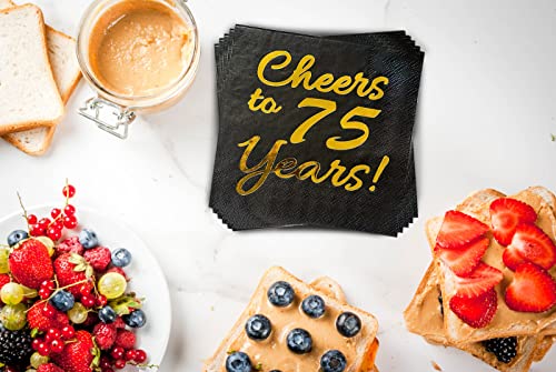 75th Birthday Decorations for Men Women Party Supplies Cocktail Napkins Black Gold 50 Pack,5"x 5" Folded, Cheers to 75 Years!