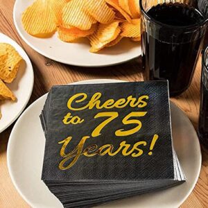 75th Birthday Decorations for Men Women Party Supplies Cocktail Napkins Black Gold 50 Pack,5"x 5" Folded, Cheers to 75 Years!