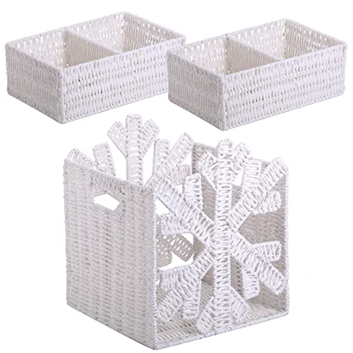 Vagusicc Wicker Storage Baskets, Set of 3 Hand-Woven Paper Rope Wicker Baskets for Shelves Storage with Handles, Snowflake Cube Storage Bins, 10.5 Inch Storage Baskets for Pantry Organizing, White