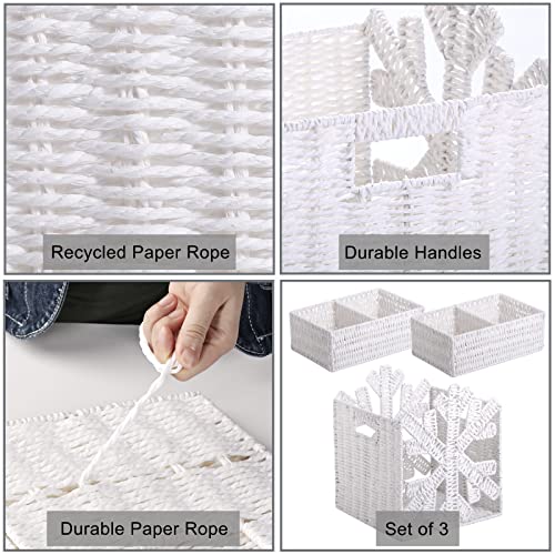 Vagusicc Wicker Storage Baskets, Set of 3 Hand-Woven Paper Rope Wicker Baskets for Shelves Storage with Handles, Snowflake Cube Storage Bins, 10.5 Inch Storage Baskets for Pantry Organizing, White
