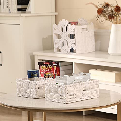 Vagusicc Wicker Storage Baskets, Set of 3 Hand-Woven Paper Rope Wicker Baskets for Shelves Storage with Handles, Snowflake Cube Storage Bins, 10.5 Inch Storage Baskets for Pantry Organizing, White