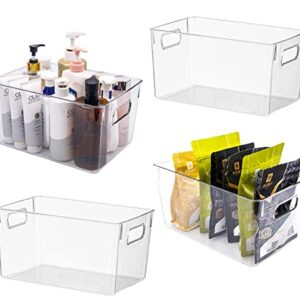 Clear Plastic Storage Bins Pantry Organizer Bins for Kitchen Refrigerator Fridge Cabinet Freezer Bathrooms Acrylic Organizers Storage Bins, Clear Bins with Cutout Handles(4 Pack)