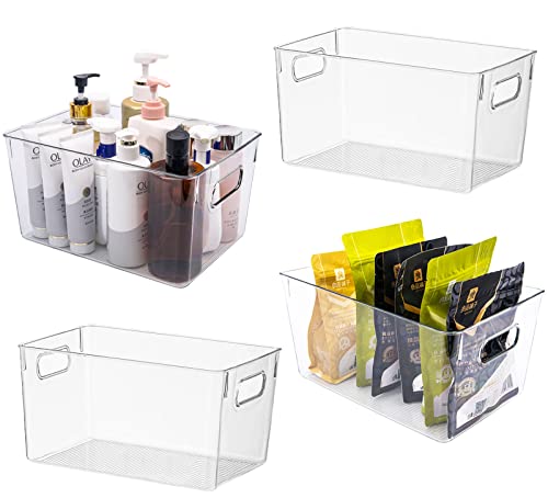 Clear Plastic Storage Bins Pantry Organizer Bins for Kitchen Refrigerator Fridge Cabinet Freezer Bathrooms Acrylic Organizers Storage Bins, Clear Bins with Cutout Handles(4 Pack)