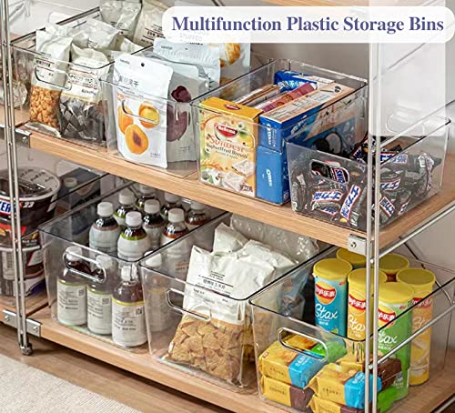 Clear Plastic Storage Bins Pantry Organizer Bins for Kitchen Refrigerator Fridge Cabinet Freezer Bathrooms Acrylic Organizers Storage Bins, Clear Bins with Cutout Handles(4 Pack)