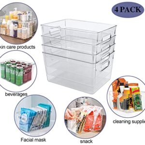 Clear Plastic Storage Bins Pantry Organizer Bins for Kitchen Refrigerator Fridge Cabinet Freezer Bathrooms Acrylic Organizers Storage Bins, Clear Bins with Cutout Handles(4 Pack)