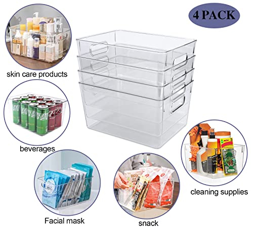 Clear Plastic Storage Bins Pantry Organizer Bins for Kitchen Refrigerator Fridge Cabinet Freezer Bathrooms Acrylic Organizers Storage Bins, Clear Bins with Cutout Handles(4 Pack)