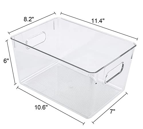 Clear Plastic Storage Bins Pantry Organizer Bins for Kitchen Refrigerator Fridge Cabinet Freezer Bathrooms Acrylic Organizers Storage Bins, Clear Bins with Cutout Handles(4 Pack)