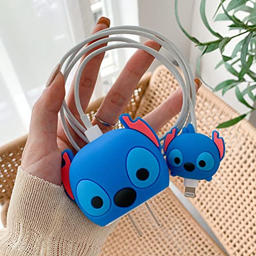3D Protective Case for iPhone 20W USB-C Power Adapter Charger USB Lightning Cable, Cute Cartoon Series Soft Silicone Fast Lightning Chargers Cable Protective Cover for iPhone Charger (Blue Stitch)
