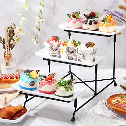 3 Pcs 3 Tier Serving Trays Rectangular 3 Tier Serving Stand Collapsible Sturdier Metal Rack Melamine Tiered Serving Tray Platters for Entertaining Fruit Food Display Dessert Cupcake Party (Black)