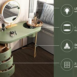FUQIAOTEC Modern Makeup Vanity Table, Stylish and Simple Design Dressing Table with LED Lighted Mirror & 3 Drawers Side Cabinet, Desktop with a Hidden Storage, Without Stool, Green