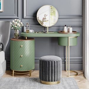 FUQIAOTEC Modern Makeup Vanity Table, Stylish and Simple Design Dressing Table with LED Lighted Mirror & 3 Drawers Side Cabinet, Desktop with a Hidden Storage, Without Stool, Green