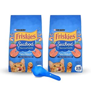 friskies dry cat food seafood sensations bundle | includes 2 bags of friskies dry cat food salmon, tuna, and shrimp flavors (3.15 lb) | plus paw food scoop!
