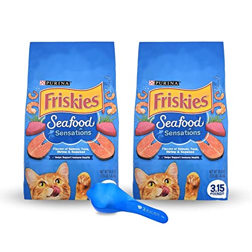 Friskies Dry Cat Food Seafood Sensations Bundle | Includes 2 Bags of Friskies Dry Cat Food Salmon, Tuna, and Shrimp Flavors (3.15 LB) | Plus Paw Food Scoop!