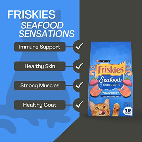 Friskies Dry Cat Food Seafood Sensations Bundle | Includes 2 Bags of Friskies Dry Cat Food Salmon, Tuna, and Shrimp Flavors (3.15 LB) | Plus Paw Food Scoop!