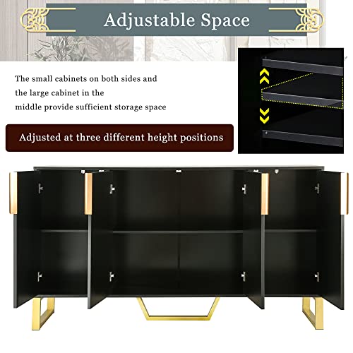 VilroCaz Modern 60'' Large Storage Cabinet Sideboard, Wooden Console Table Kitchen Buffet Cabinet with Metal Handles & Legs and Adjustable Shelves for Living Room Kitchen Entryway (Black-1)
