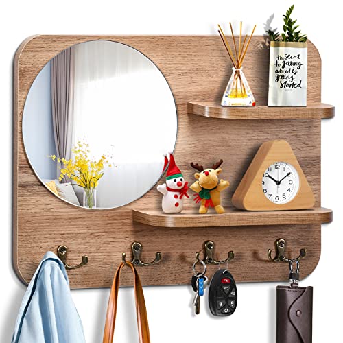 YeadCedle Key Holder for Wall with Shelf Wooden Key Rack with Key Hook with Mirror and 4 Key Hooks for Rustic Entrances Hallways Living Rooms and Bedrooms 16"x12"(Original Wood Color)