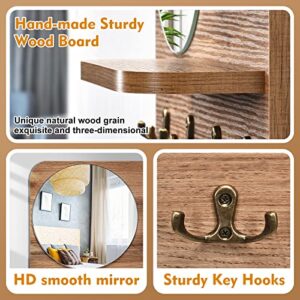 YeadCedle Key Holder for Wall with Shelf Wooden Key Rack with Key Hook with Mirror and 4 Key Hooks for Rustic Entrances Hallways Living Rooms and Bedrooms 16"x12"(Original Wood Color)