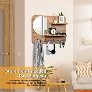 YeadCedle Key Holder for Wall with Shelf Wooden Key Rack with Key Hook with Mirror and 4 Key Hooks for Rustic Entrances Hallways Living Rooms and Bedrooms 16"x12"(Original Wood Color)