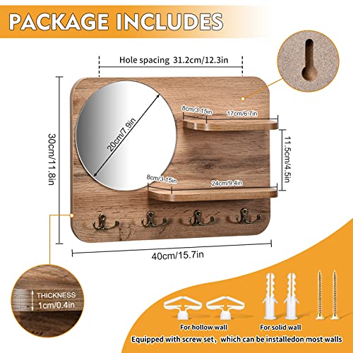 YeadCedle Key Holder for Wall with Shelf Wooden Key Rack with Key Hook with Mirror and 4 Key Hooks for Rustic Entrances Hallways Living Rooms and Bedrooms 16"x12"(Original Wood Color)