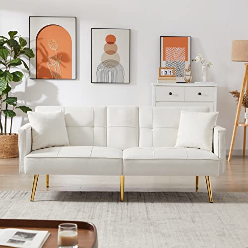 Obuvar Convertible Velvet Futon Sofa Bed, Upholstered Modern Sleeper Sofa with 2 Cup Holders, Modern Living Room Loveseat Couch with 3 Adjustable Angles and 6 Metal Legs, Off White (Line Backrest)