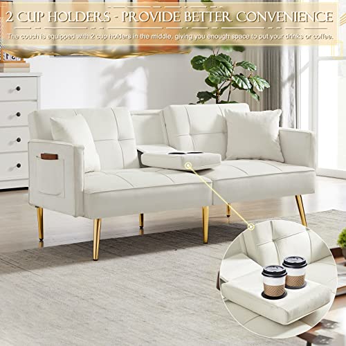 Obuvar Convertible Velvet Futon Sofa Bed, Upholstered Modern Sleeper Sofa with 2 Cup Holders, Modern Living Room Loveseat Couch with 3 Adjustable Angles and 6 Metal Legs, Off White (Line Backrest)