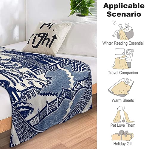 Ancient China Blue Willow Chinoiserie Flannel Fleece Throw Blankets 50"X40" Lightweight Fluffy Winter Fall Blanket Cozy Soft Fuzzy Plush Home Decor for Couch Bed Sofa Bedroom Living Room Travel