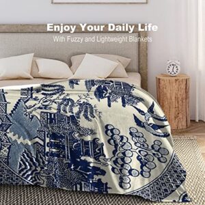 Ancient China Blue Willow Chinoiserie Flannel Fleece Throw Blankets 50"X40" Lightweight Fluffy Winter Fall Blanket Cozy Soft Fuzzy Plush Home Decor for Couch Bed Sofa Bedroom Living Room Travel