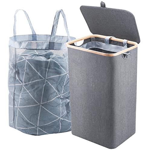 Airrniss Laundry Hamper with lid, 100L Waterproof-Laundry Basket, Collapsible-Tall-Clothes Hamper with Removable-Laundry Bags for Bedroom, Laundry Room, Closet, Bathroom, College Grey