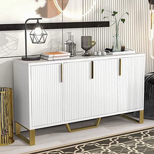 XD Designs Modern Luxury 60'' Large Storage Cabinet with Gold Metal Handles & Legs, Kitchen Buffet Cabinet Console Entryway Table with Adjustable Shelves for Living Room Kitchen (White-F)