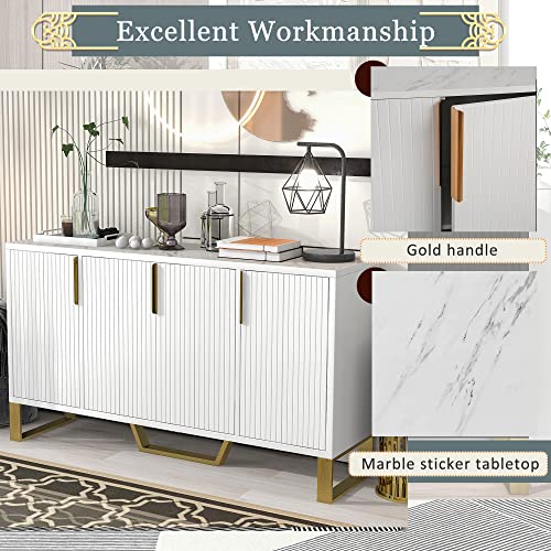 XD Designs Modern Luxury 60'' Large Storage Cabinet with Gold Metal Handles & Legs, Kitchen Buffet Cabinet Console Entryway Table with Adjustable Shelves for Living Room Kitchen (White-F)