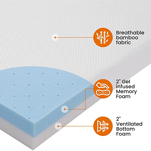 Cheer Collection Full Size Mattress Topper, 4 Inch Gel Infused Memory Foam Bed Topper with Washable Bamboo Cover, Supportive Dual Layer Soft and Firm Mattress Top - 54" x 75" x 4" Inches