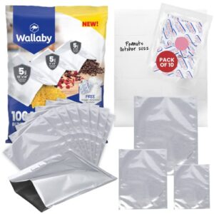 wallaby 100 count mylar bag bundle - 5mil multi-size pouches, 100x 400cc oxygen absorbers, 100x labels - heat sealable, food safe & bpa-free - long-term storage for preppers - silver (flat)
