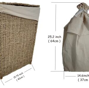 The Acacia Store 100% Natural Square Seagrass Laundry Hamper with 2 100% Cotton Laundry Bags, Foldable with 4 legs made from Bamboo, 2 handles, made in Vietnam, 16 x 16 x 24 inches