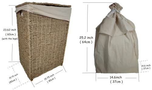 The Acacia Store 100% Natural Square Seagrass Laundry Hamper with 2 100% Cotton Laundry Bags, Foldable with 4 legs made from Bamboo, 2 handles, made in Vietnam, 16 x 16 x 24 inches