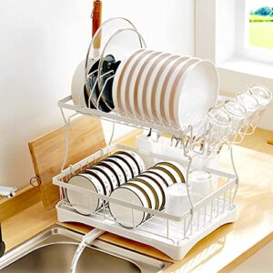 ParkNbuy Dish Drying Rack,2-Tier Detachable Dish Racks for Kitchen Counter,Large Capacity Dish Drying Rack Drainboard Set with Utensil Pots Holder and Cutting Board Holder White